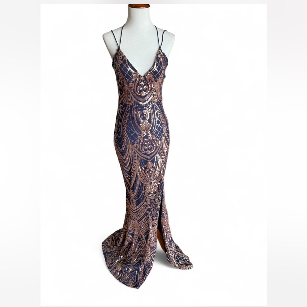Lovely Day navy blue and Gold Sequin Prom Dress